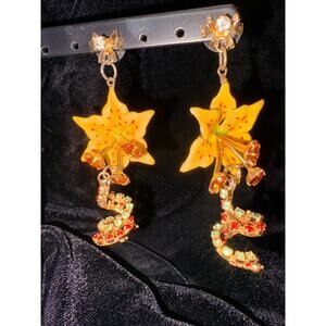 Lunch at the Ritz Tiger Lily Enamel Rhinestone Drop Earrings Gold Tone